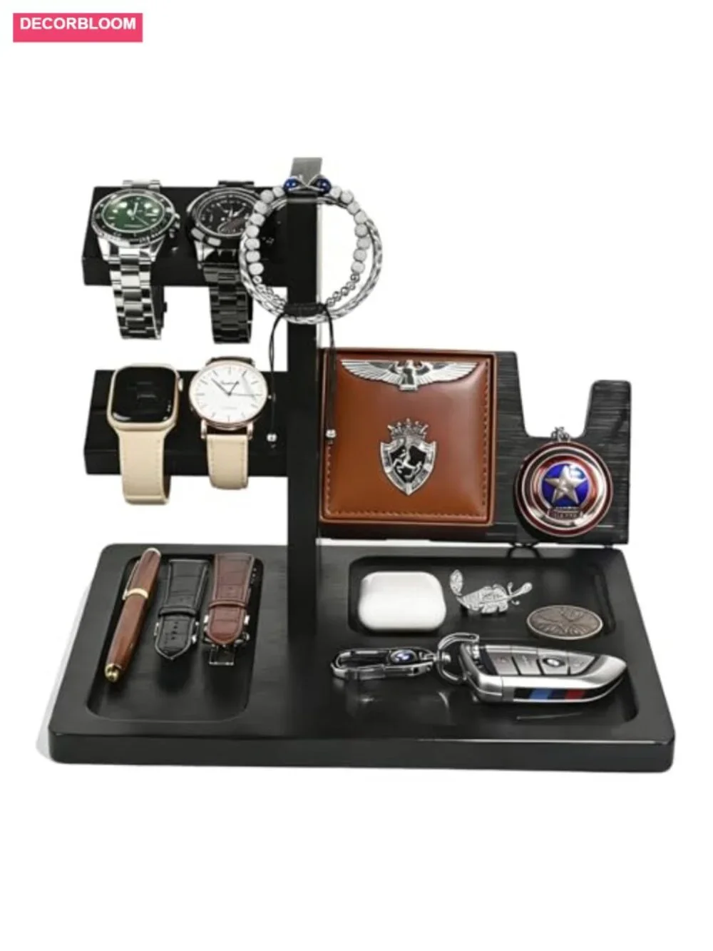 Solid Wood Watch Stand with Challenge Coin Display & Valet Tray, 5-Watch